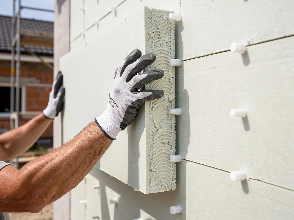 Pose de panneaux isolants collés et chevillés sur un mur de pavillon